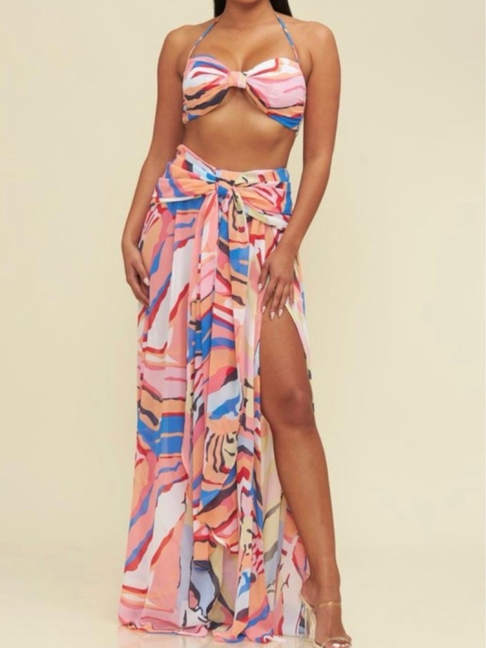 Stylish Multicolor Abstract High Slit Maxi Cutout Maxi Skirt Two Piece Set Dress